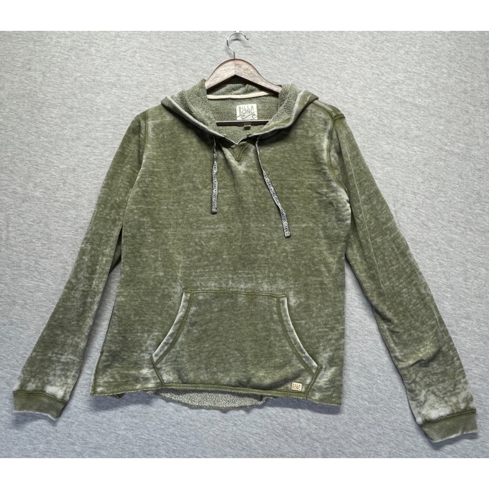Billabong Hoodie Women Large Olive Green Mineral Wash Cotton Ribbed Trim Raw Hem